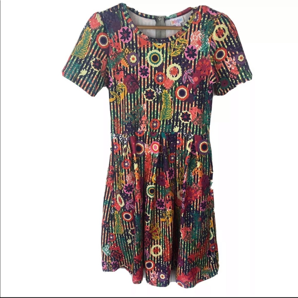 Lularoe Stripe & Floral Print Bright Amelia Dress Small colorful modest